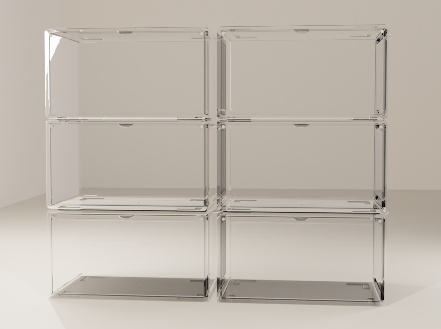 Stack of 6 clear stackable shoe boxes, each holding a pair of sneakers