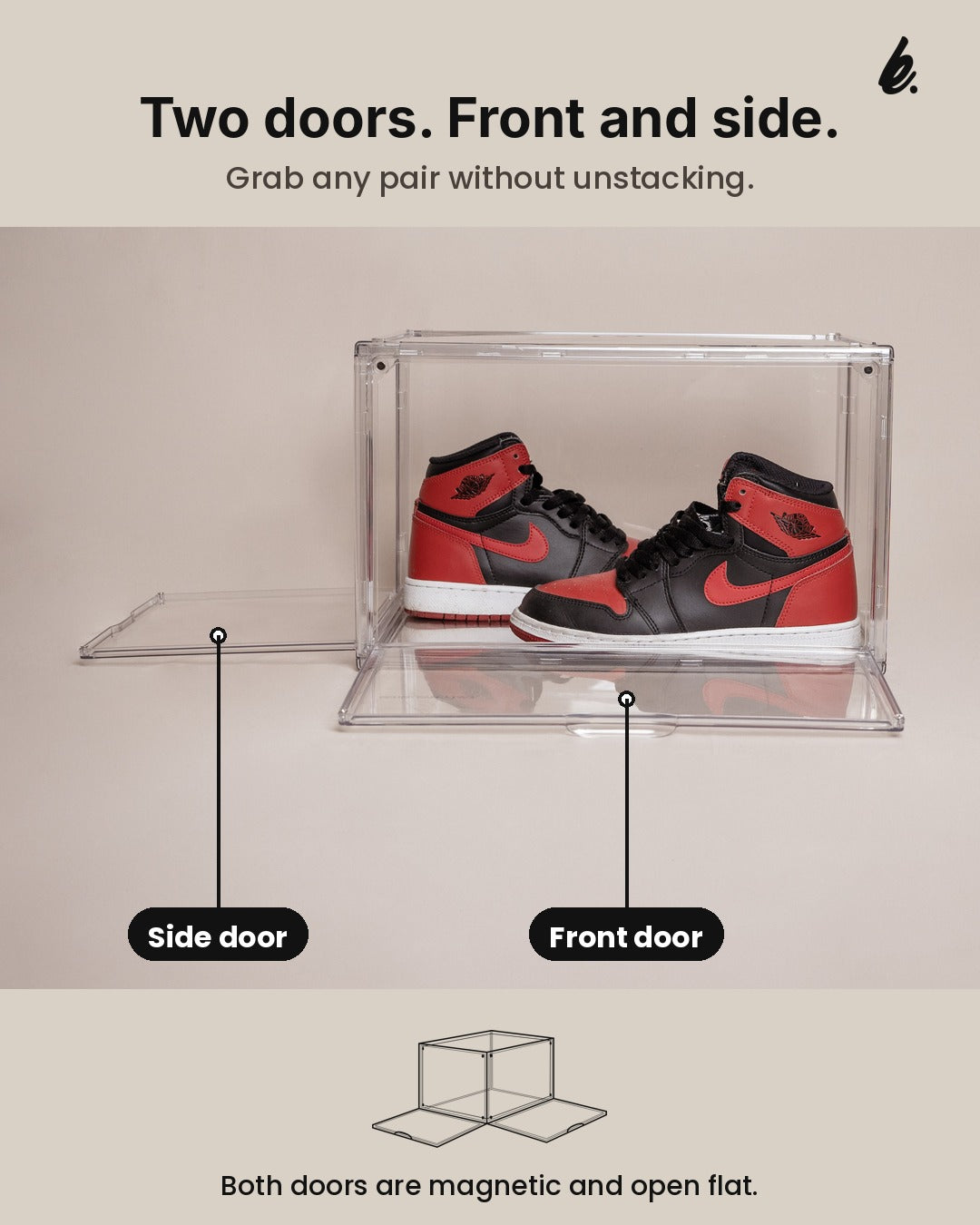 Clear shoe box with its front door and side door labeled