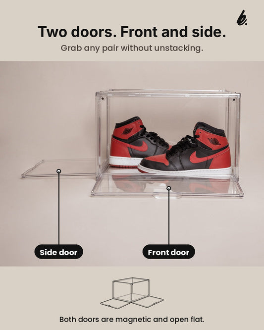 Clear shoe box with its front door and side door labeled