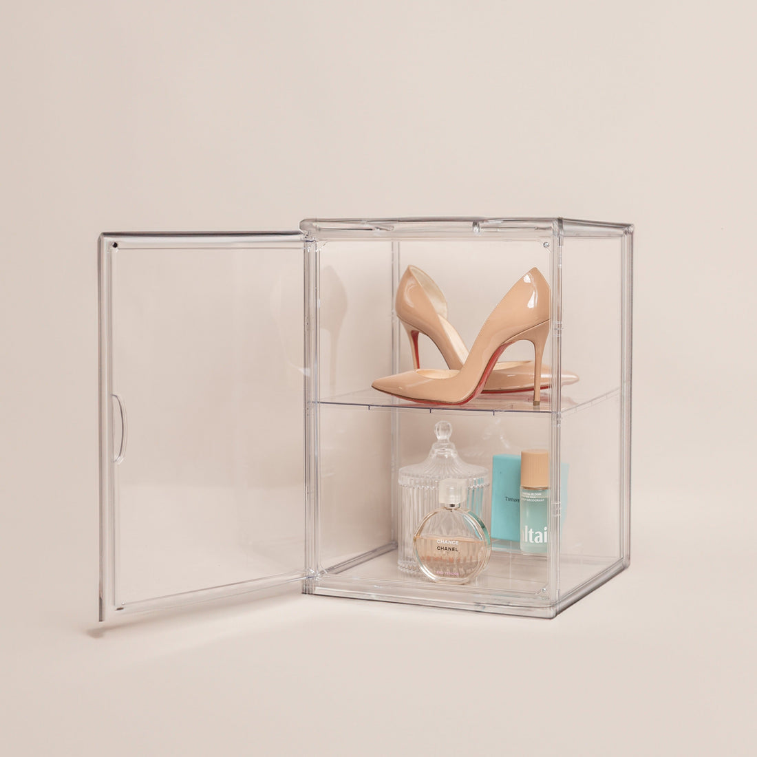 The Bigger Box with its divider in, heels on the top level and beauty products below
