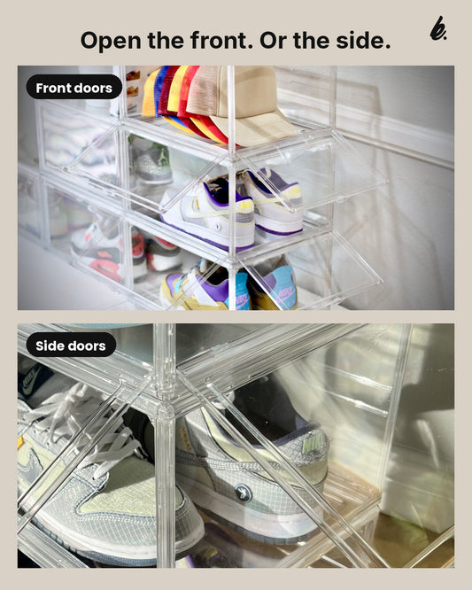 Stacked clear shoe boxes shown with front doors open, then with side doors open