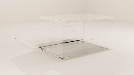 Back view of an empty clear stackable shoe box, clear on every side