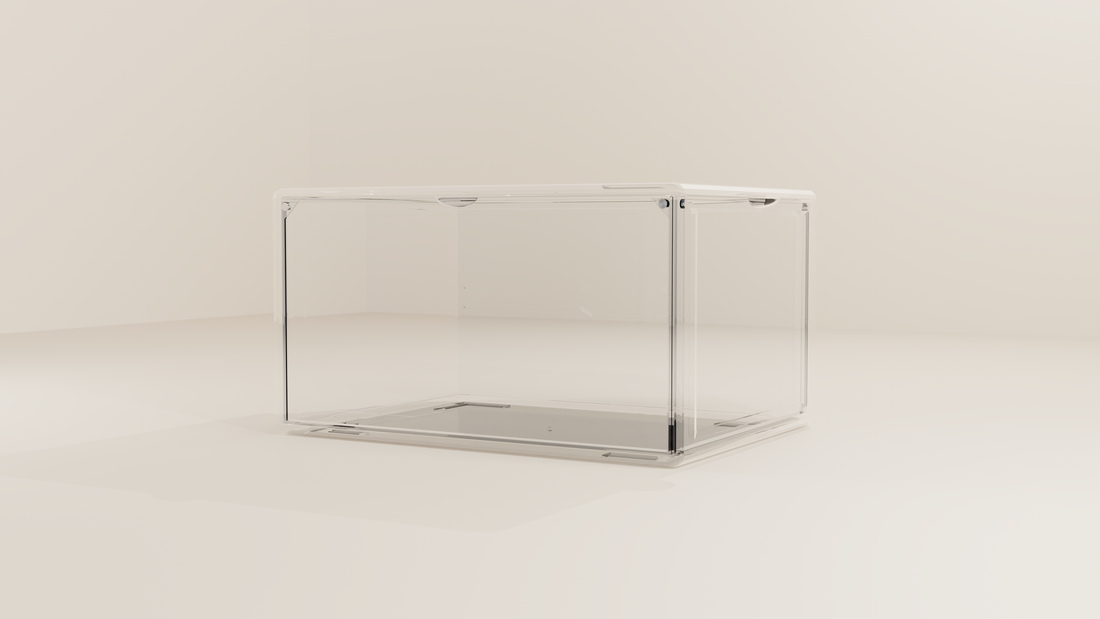 Empty clear stackable shoe box with its door closed