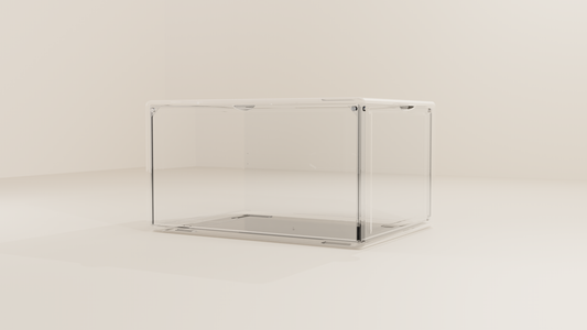 Empty clear stackable shoe box with its door closed