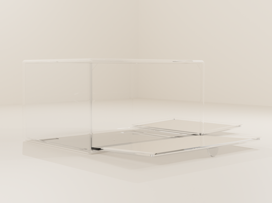 Clear sneaker display box with the drop front door open