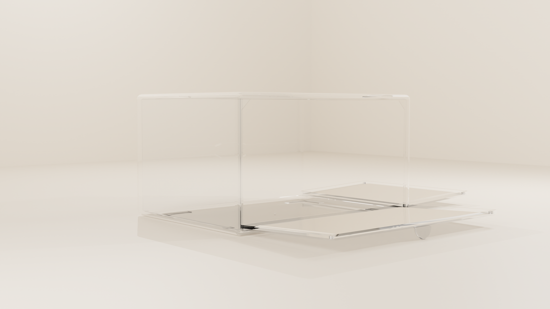 Empty clear shoe box with its magnetic front door open
