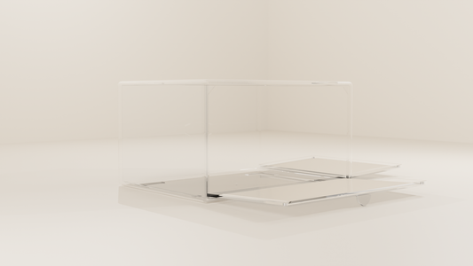 Empty clear shoe box with its magnetic front door open