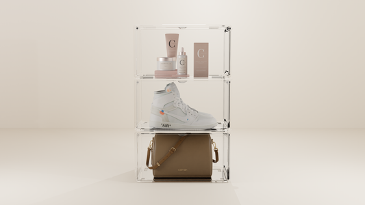 Clear drop front sneaker boxes stacked into a wall
