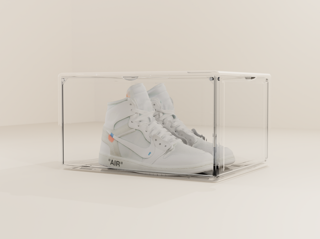 Clear drop front sneaker box with a sneaker displayed inside