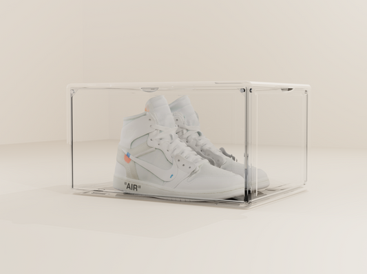 Clear drop front sneaker box with a sneaker displayed inside