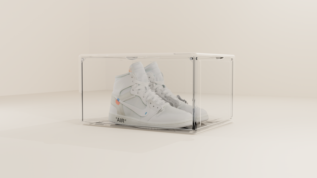 Clear stackable shoe box with a clean sneaker displayed inside