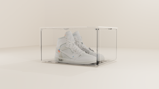 Clear stackable shoe box with a clean sneaker displayed inside