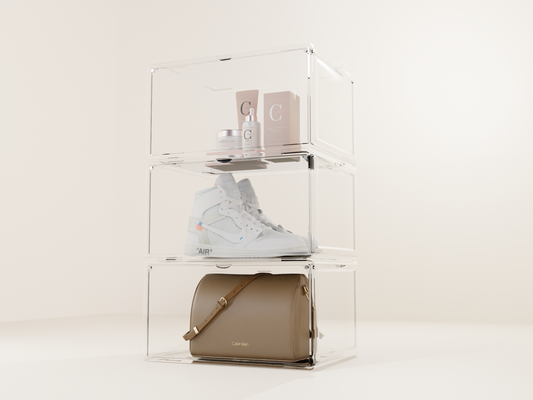 Clear sneaker boxes stacked in a modular layout