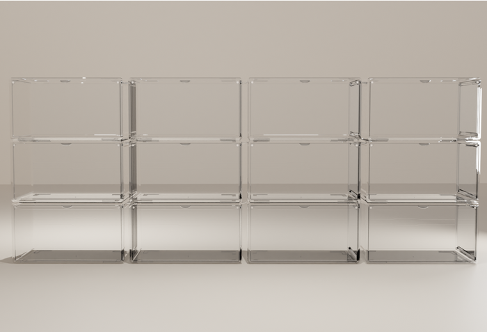 Stack of 12 clear stackable shoe boxes, each holding a pair of sneakers