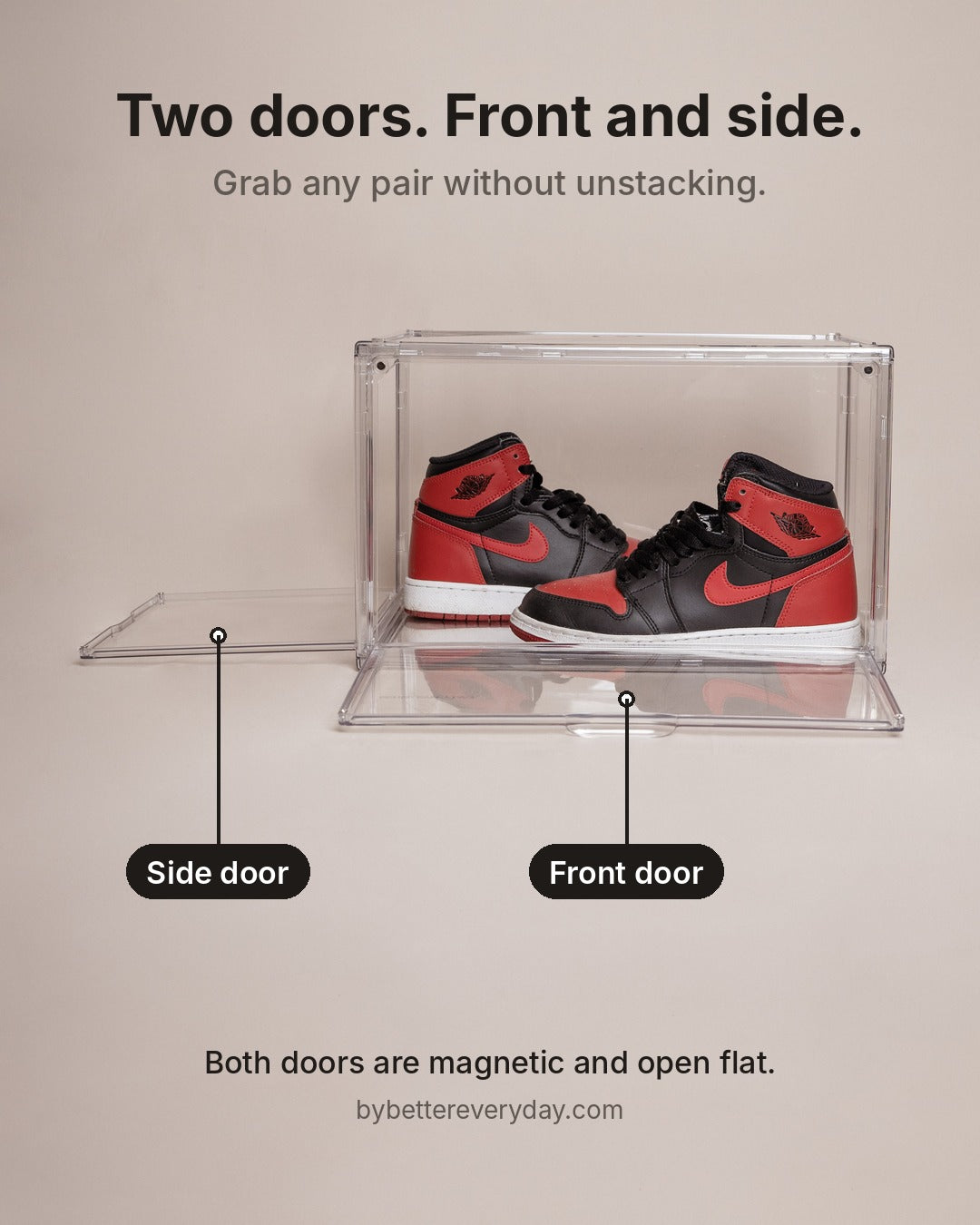 Clear shoe box with its front door and side door labeled