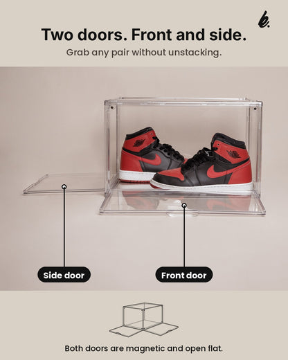Clear shoe box with its front door and side door labeled
