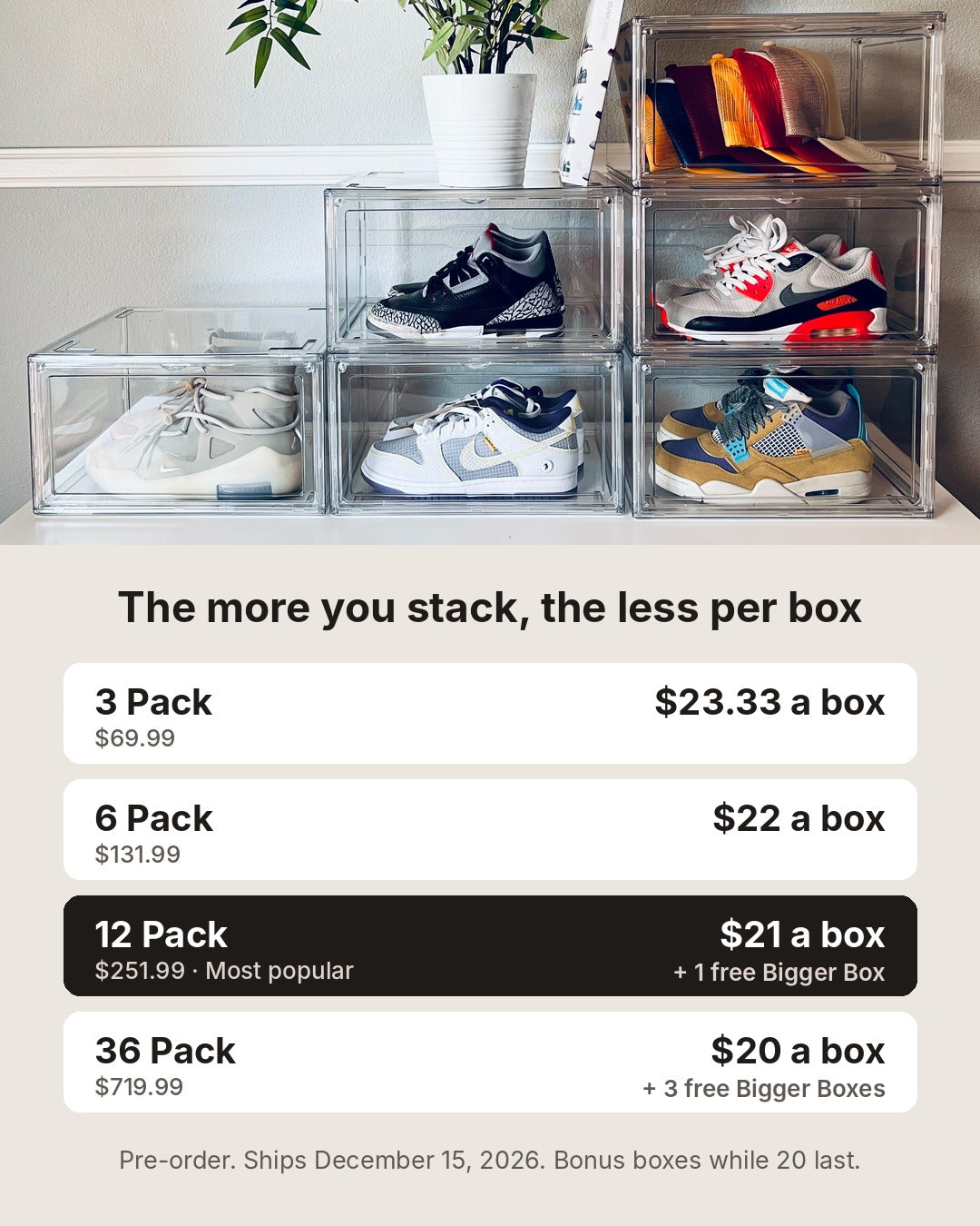 Price per box for the 3, 6, 12 and 36 Packs of clear shoe storage boxes