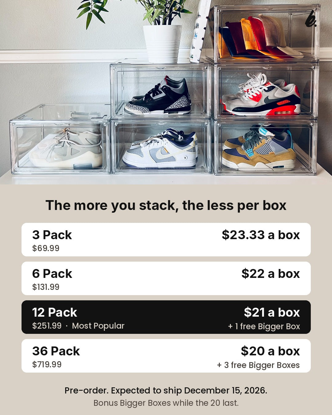 Price per box for the 3, 6, 12 and 36 Packs of clear shoe storage boxes