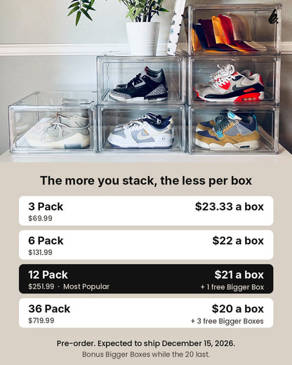 Price per box for the 3, 6, 12 and 36 Packs of clear shoe storage boxes