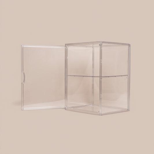 Large clear shoe box standing upright with its door open and removable divider in place
