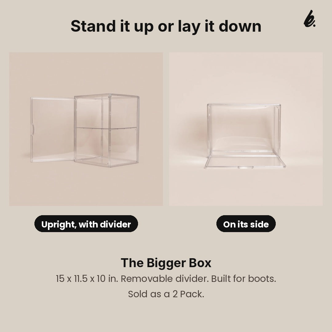 The Bigger Box shown standing upright with its divider and lying on its side