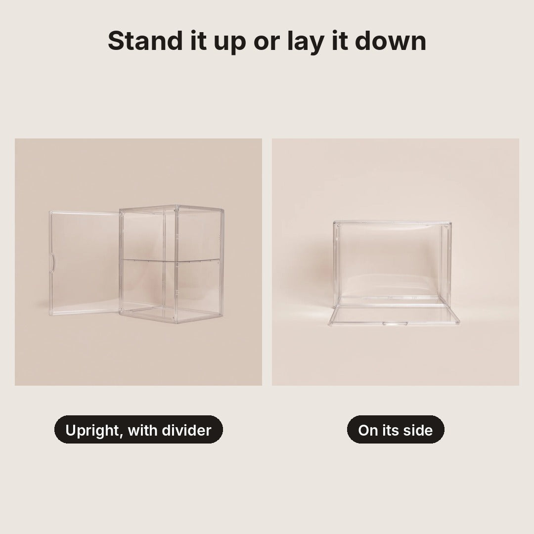 The Bigger Box shown standing upright with its divider and lying on its side