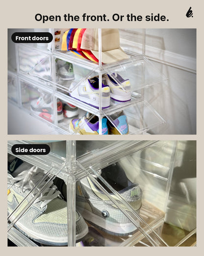 Stacked clear shoe boxes shown with front doors open, then with side doors open