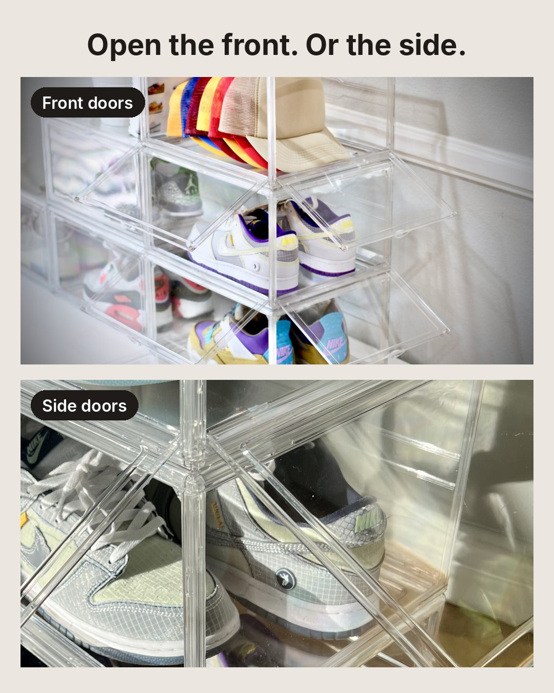 Stacked clear shoe boxes shown with front doors open, then with side doors open